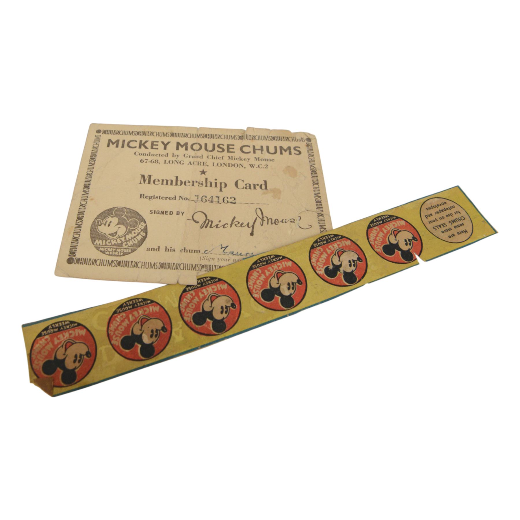 Walt Disney 'The Mickey Mouse Fire Brigade' first edition, pub. Collins Clear Type Press London and Glasgow 1936, no dustjacket, with 1930s Mickey Mouse Chums membership card and seals