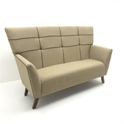 High back three seat sofa upholstered in a neutral fabric with contrasting piping (W199cm) and a matching low back two seat sofa (W160cm)