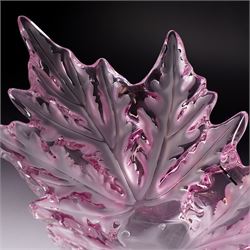Lalique Champs-Elysees pattern clear and frosted pink glass bowl designed by Marc Lalique and modelled as leaves, signed 'Lalique France' L47cm in original Lalique pink box with guarantee etc