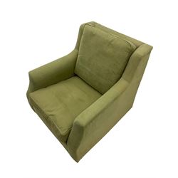 Wesley-Barrell two seat sofa and pair of matching armchairs, upholstered in sage linen fabric