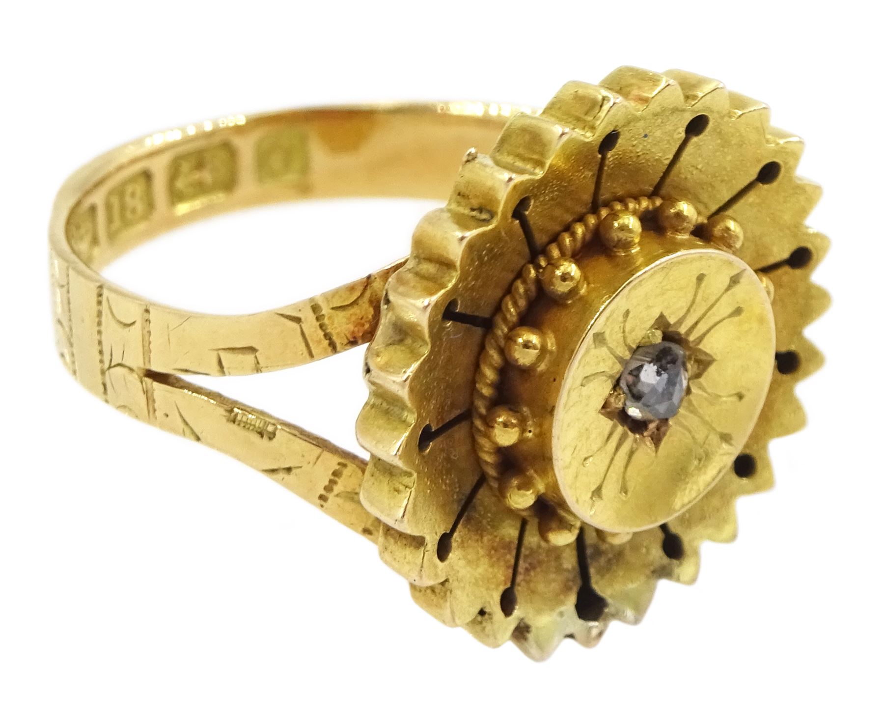 Victorian 18ct gold single stone rose cut diamond circular ring, Birmingham 1863