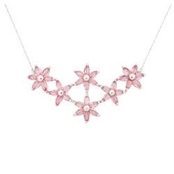 18ct white gold padparadscha sapphire flower head necklace, six flowers, each set with six...