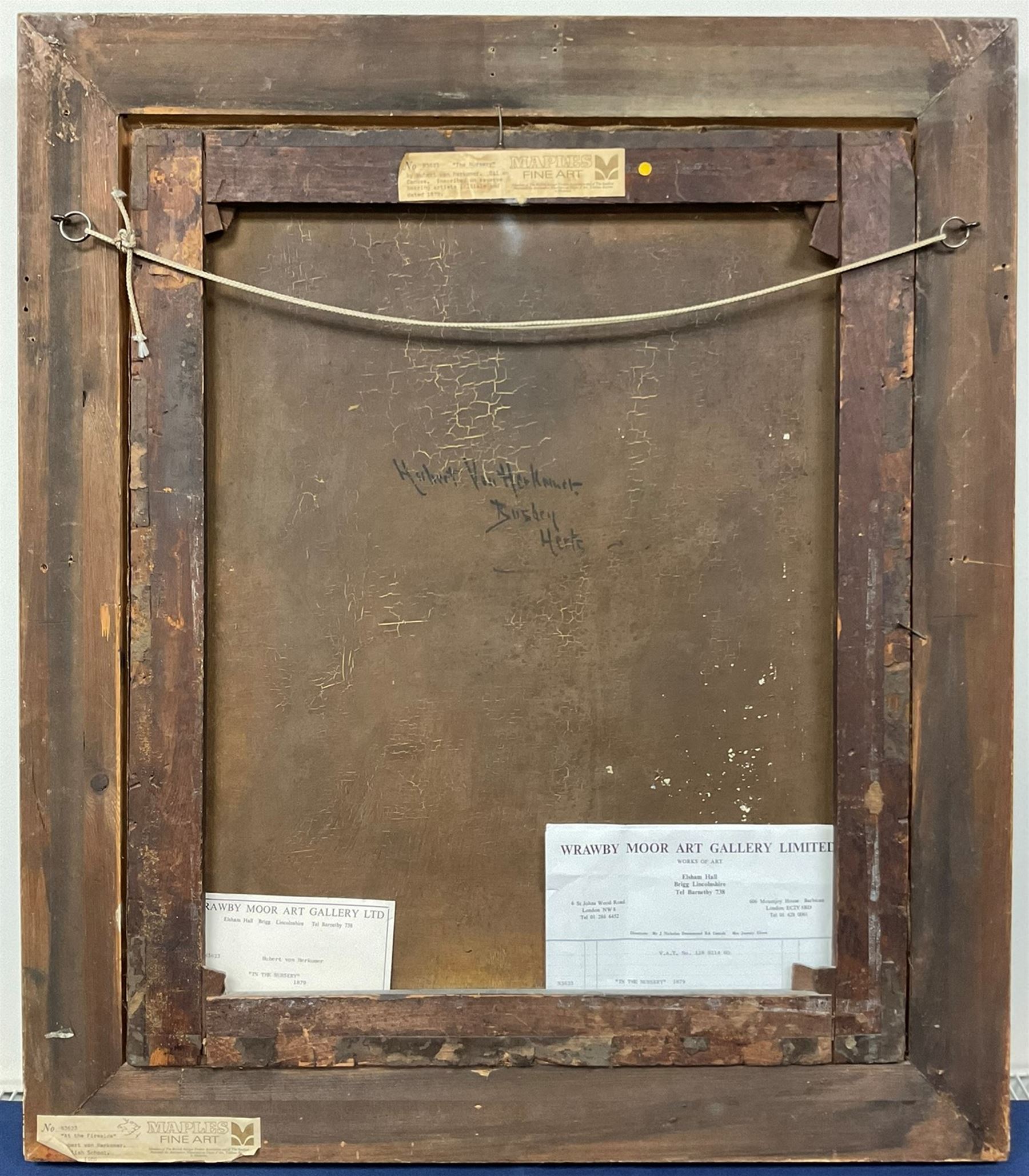 WITHDRAWN at the request of the vendor's family - 
Sir Hubert Von Herkomer RA RWS CVO (British 1849-1914): 'In the Nursery' - Girl Sewing by the Fireside, oil on canvas signed with initials and dated 1879, further signed and inscribed 'Bushey Herts' verso 60cm x 50cm 
Provenance: purchased by the vendor's parents from Wrawby Moor Art Gallery Ltd, Brigg in the 1980s, sold with an undated receipt