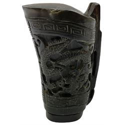 Chinese horn blood collection cup, carved with dragons and key fret border, H9.5cm