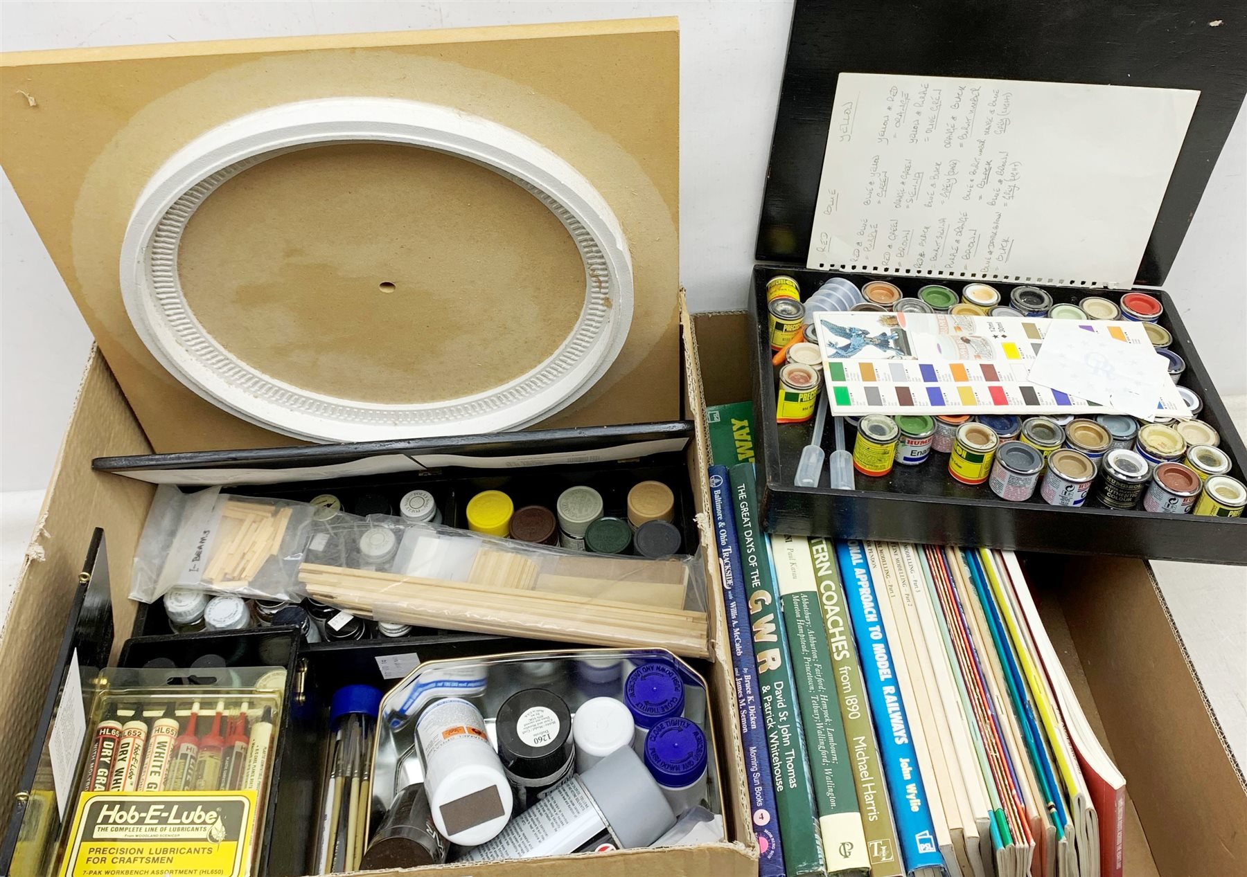 Quantity of acrylic, floquil and enamel modelling paints; and collection of books and booklets on railway modelling and general railway interest