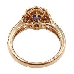 18ct rose gold oval sapphire and diamond cluster ring, with diamond set shoulders, hallmarked, sapphire approx 1.10 carat