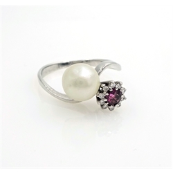  18ct white gold diamond, ruby and pearl crossover ring stamped 750  