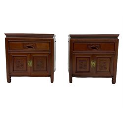 A pair of Chinese hardwood lamp cabinets, fitted with single drawer and two cupboards,  carved detail
