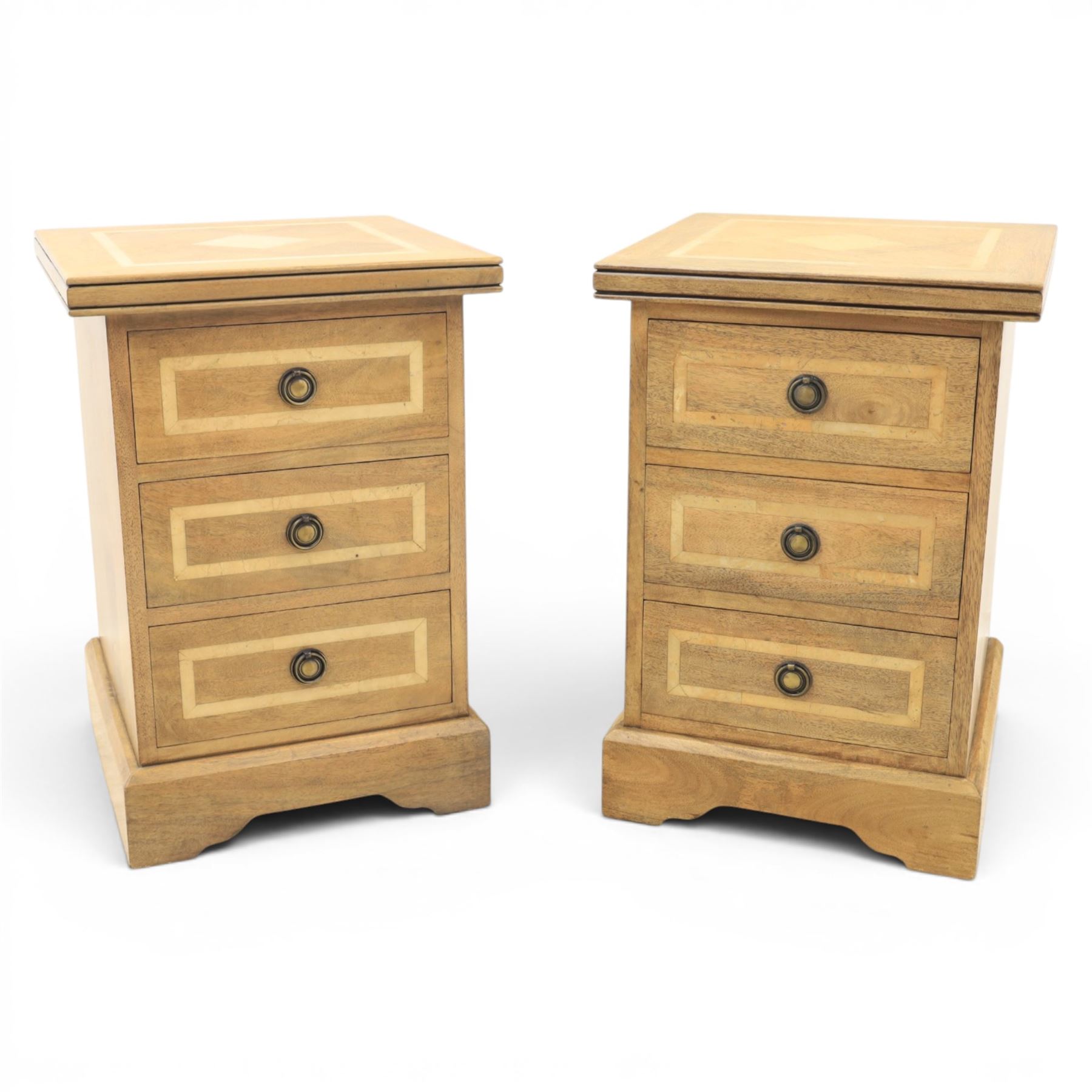 Barker & Stonehouse - contemporary flagstone and mango wood bedside cabinets, square top with inlaid flagstone, above three drawers with metal ring pull handles, raised on a plinth base with bracket feet