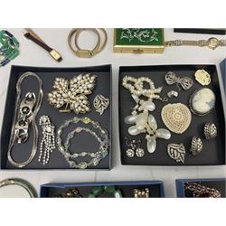Silver and stone set silver jewellery including gate bracelets, necklaces and rings, 9ct gold ring and brooch, pair of silver salts, silver napkin ring and a collection of Victorian and later jewellery including bead necklaces, gilt necklace, rings etc
