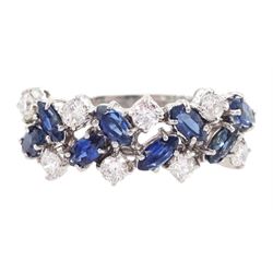 18ct white gold marquise cut sapphire and round brilliant cut diamond ring, London 1978, total diamond weight approx 0.40 carat