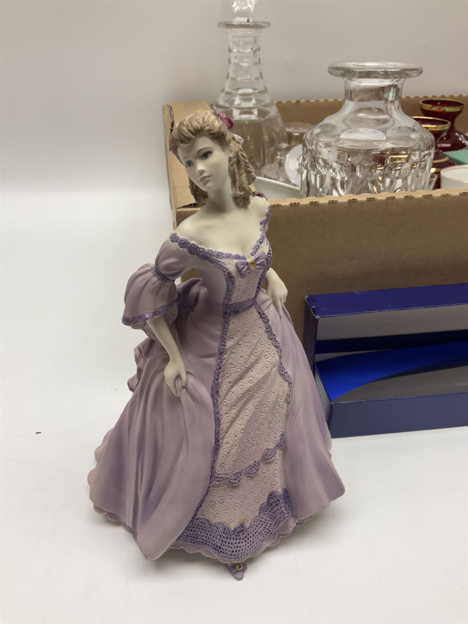 Murano glassware; Coalport and other figures; cut glassware including two decanter sets; drinking glasses; small collection of table bells; royalty commemorativeware etc