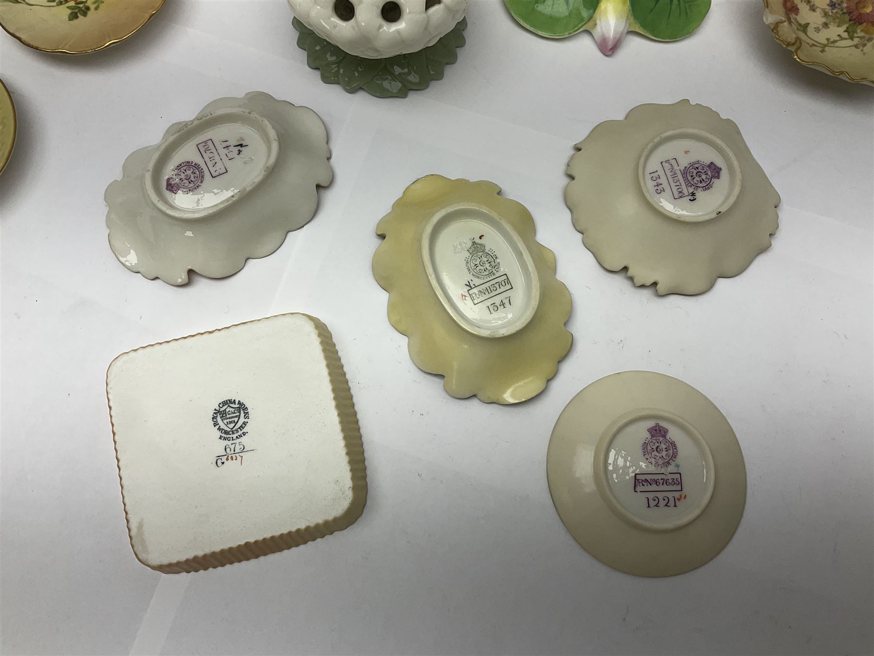 Collection of Royal Worcester and similar ceramics, including blush ivory trinket dishes, vases etc 