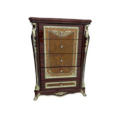 Rococo style wood finish chest, fitted with five drawers, decorated with scrolled foliate and flower heads 