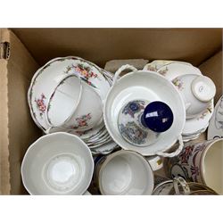 Assorted ceramics, to include Royal Doulton The Admiral plate, three Royal Crown Derby teacups and saucers decorated with pink roses, Royal Commemorative wares, etc., in one box 