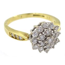 18ct gold diamond cluster ring, with diamond set shoulders, hallmarked, total diamond weight 0.75 carat