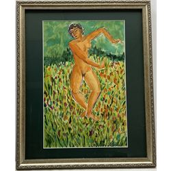 Sergie Luppov (Russian 1893-1977): Female Nude dancing in the Fields, watercolour signed 42cm x 27cm