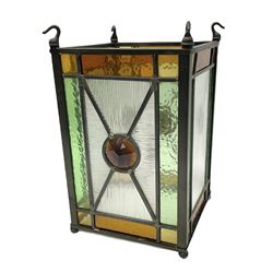 Arts and Crafts style leaded glass lantern, with clear and stained geometric glass panels, lantern H30.5cm L19cm