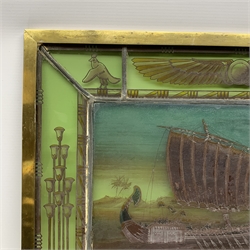 19th century leaded stained glass panel of maritime interest with central painted scene of a longboat being rowed down a river with palm trees in the distance, above a Latin motto ' Ducunt Astra Naves Deus/ Ducit Astra', with heiroglyphs and stylised flowers to the border 41 x 50.5cm including brass frame