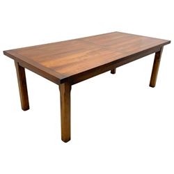 Contemporary French farmhouse design cherry wood dining table, rectangular bordered top on square chamfered supports 