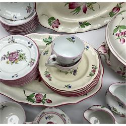 Matched Copeland Spode, Spode and French Luneville and Marlborough Sprays pattern dinner and tea wares, comprising two tureen and covers and apple finials, two sauce tureen and covers with pear finials and fixed stands, six graduated platters including two pairs, large plate, thirteen dinner plates, twelve bowls, ten smaller bowls, eight side plates, eleven smaller side plates, teapot, twin handled sucrier and cover with apple finial, open sucrier, cream jug, smaller cream jug, four breakfast cups, eight tea cups, four large saucers, eleven smaller saucers, and nine further smaller saucers. 