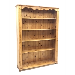Large pine open bookcase fitted with four fixed shelves, W137cm, H189cm, D31cm
