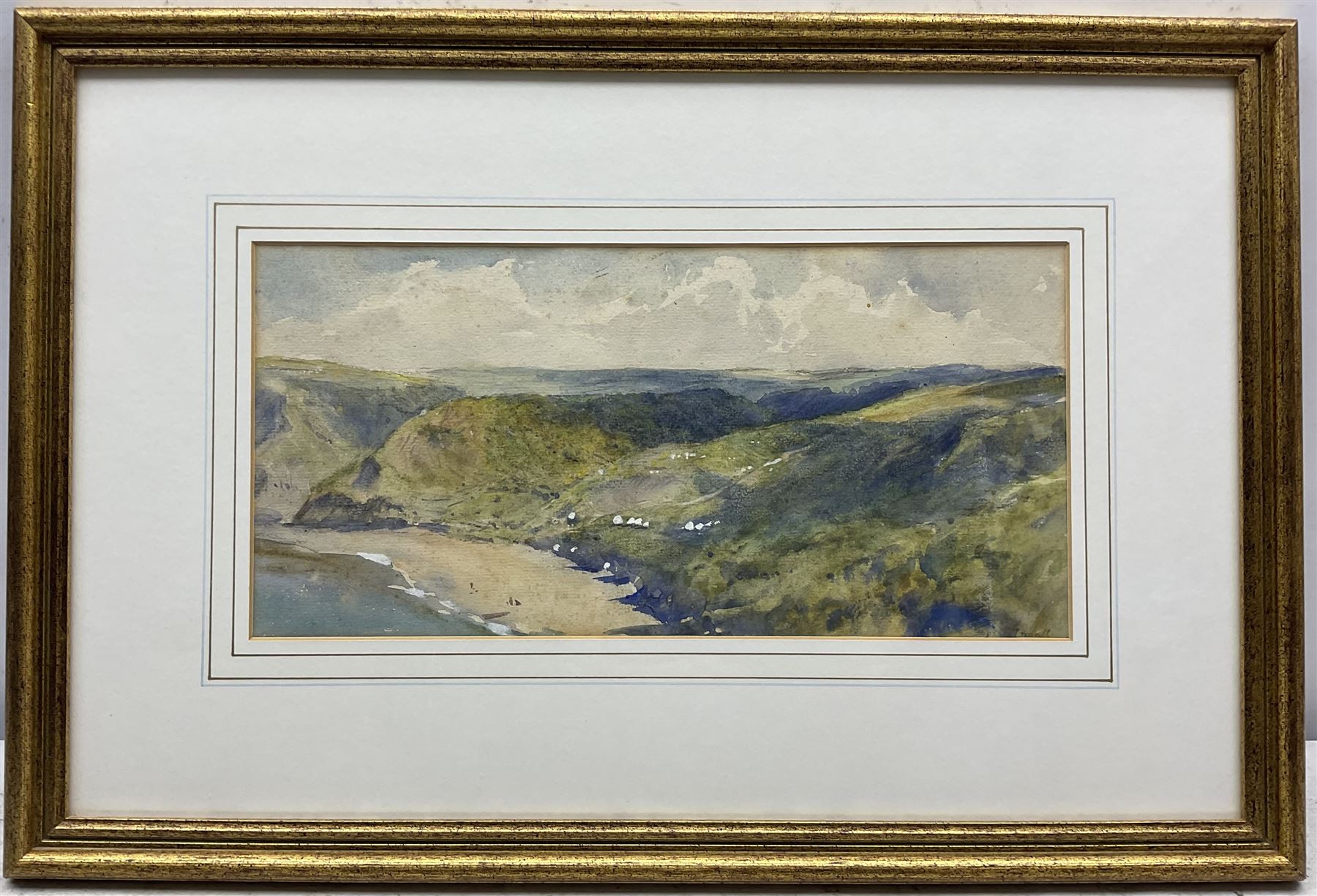 John Spence Ingall (Staithes Group 1850-1936): 'Runswick Bay - looking over the Sands to Hob Holes', watercolour signed, titled on label verso 16cm x 34cm 
Provenance: a wedding present to the artist's godson, Peter Hill, in 1935, thence by descent through the family of Mark Senior. Peter Hill, born 1909, was the son of Ingall's friend and fellow Staithes Group member Rowland Henry Hill.