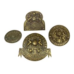 19th century brass safe plaque, 'Milners' Patent Fire-Resisting Thief-Resisting safe. list 4', embossed with Royal coat of arms, together with three other plaques 