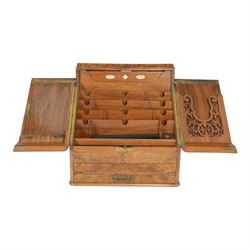 19th century burr walnut correspondence box, the sloped front opening to reveal a fitted i...