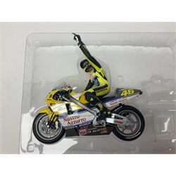 Two Minichamps limited edition Valentino Rossi Collection 1:12 scale die-cast motorcycles - Honda NSR500 Valentino Rossi Team Nastro Azzurro GP Donington 2000 with rider; and Honda NSR500 Valentino Rossi Team Azzurro GP Mugello 2001 Dirty Version; both boxed (2)