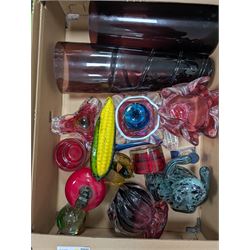 Collection of Art glass, including Langham Frog, apple and corn models, Murano style swan and vases, etc, in three boxes