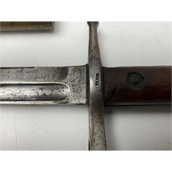 Italian Model 1891 bayonet with 30cm fullered blade; the crosspiece marked 'TERNI'; in associated brass and leather scabbard L43cm overall; and Knights Templar (?) short blade sword (no scabbard) (2)
