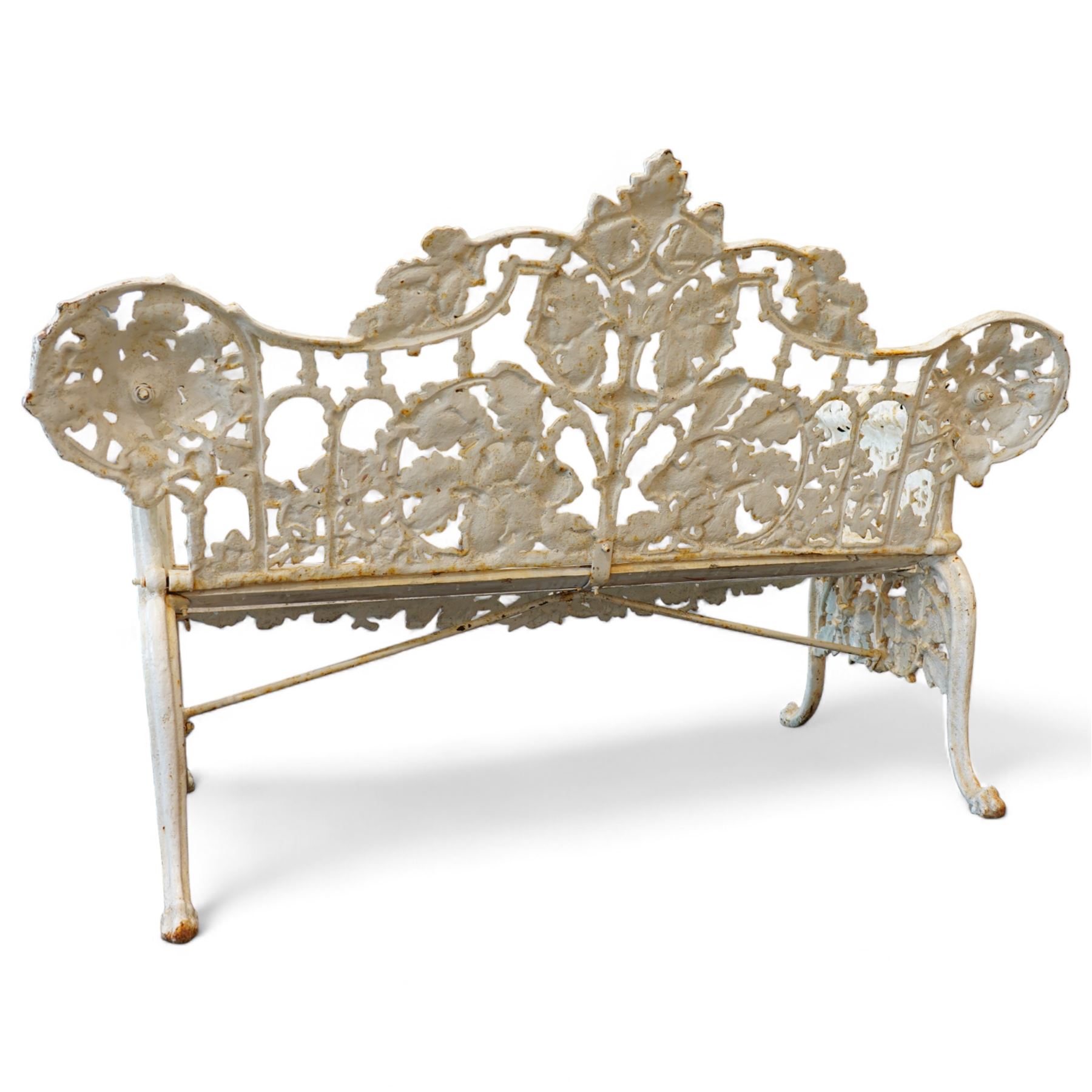 Coalbrookdale design - early 20th century cast iron oak leaf and acorn bench, white painted cast iron frame with slatted wooden seat, the pierced and shaped back decorated with scrolling oak branches and leafage, flanked by dog mask arm terminals over cabriole supports with paw feet 