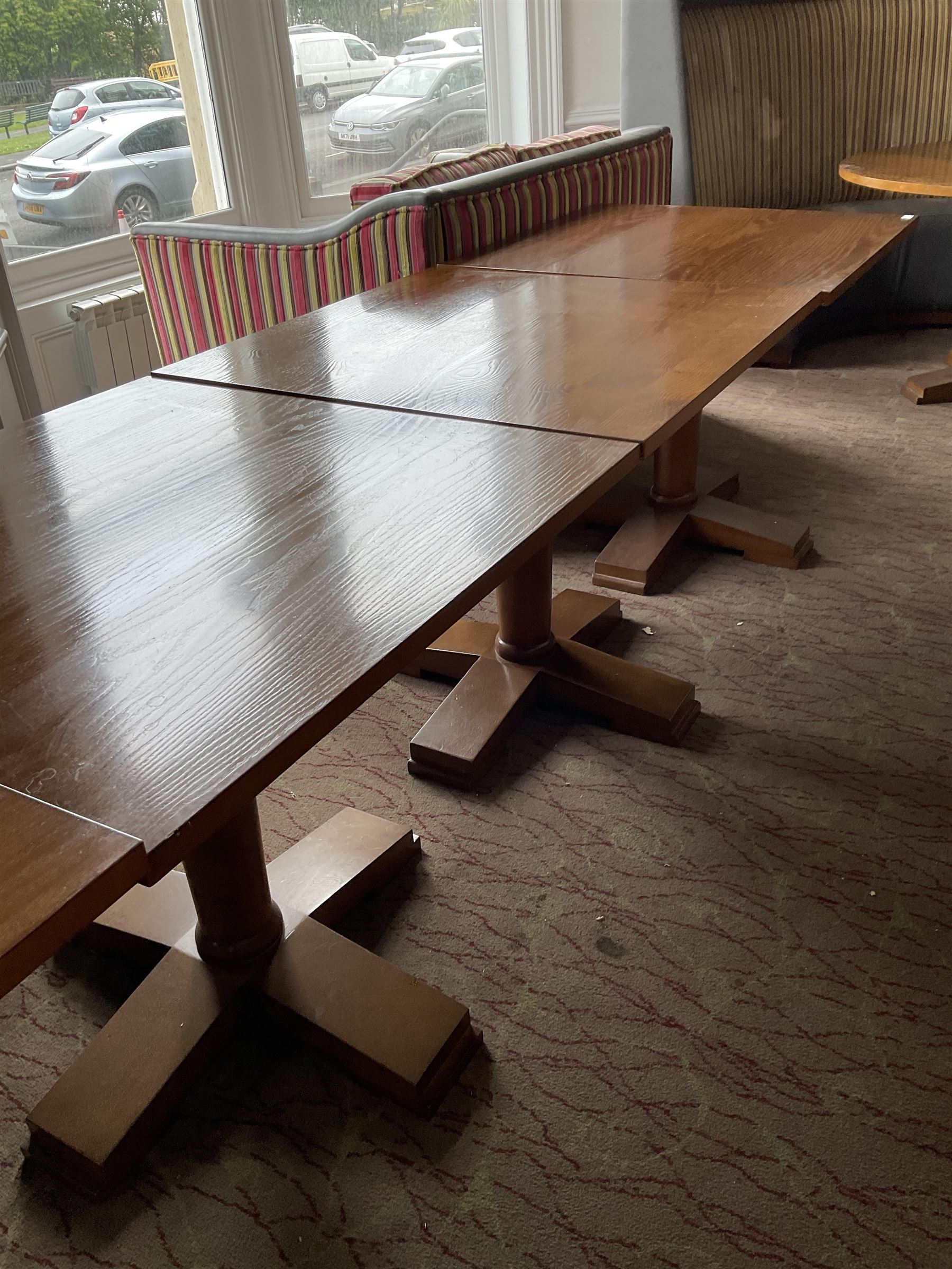 Four square walnut finish dining tables - LOT SUBJECT TO VAT ON THE HAMMER PRICE - To be collected by appointment from The Ambassador Hotel, 36-38 Esplanade, Scarborough YO11 2AY. ALL GOODS MUST BE REMOVED BY WEDNESDAY 15TH JUNE.