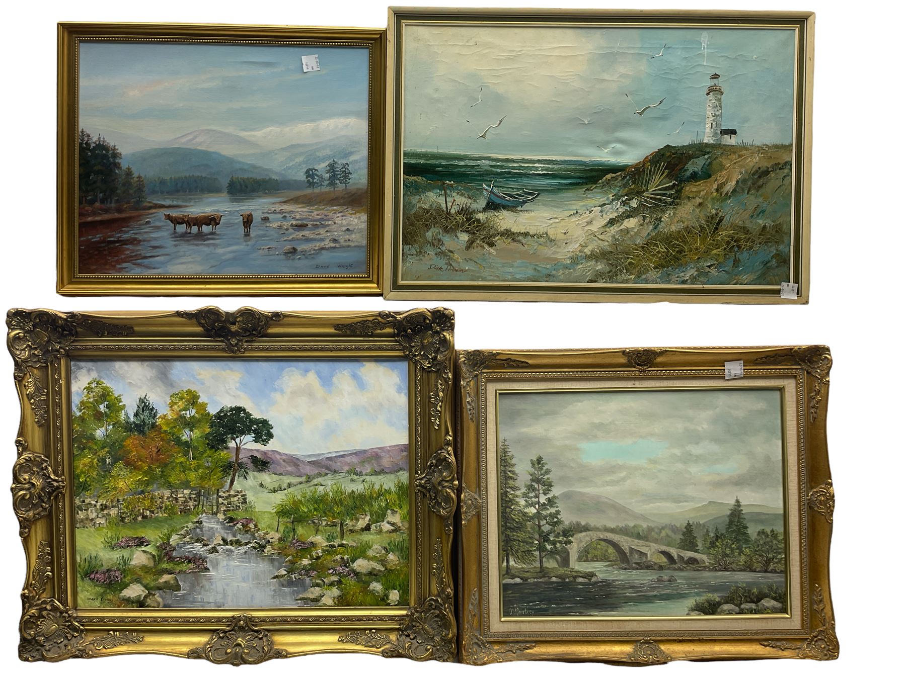 Valerie Barnaby (British 20th century): Upland River Landscape, oil on canvas signed; David Wright (British Contemporary): Highland Cows in River Landscape, oil on canvas signed together with two others similar max 50cm x 75cm (4)