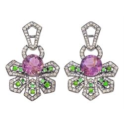 Pair of silver black rhodium plated amethyst, chrome diopside and diamond geometric earrings, each stud with a round brilliant cut amethyst, surrounded by diopsides and diamonds, suspending from a diamond set bail, total amethyst weight approx 5.00 carat, total diopside weight approx 1.00 carat, total diamond weight approx 1.85 carat