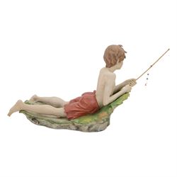 Three Capodimonte figures, including Male artist, Tramp on a Bench, and Boy Fishing, largest H35cm