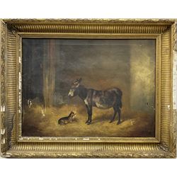 English School (19th Century): Donkey and Dog in a Stable, oil on canvas signed 'J Wheeler' 36cm x 49cm 