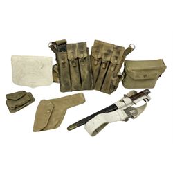 Italian Model 1891 bayonet with 30cm fullered steel blade; in associated brass mounted leather scabbard L43cm overall; and quantity of WW2 and later webbing accessories including Sixth West York belt, magazine pouches etc
