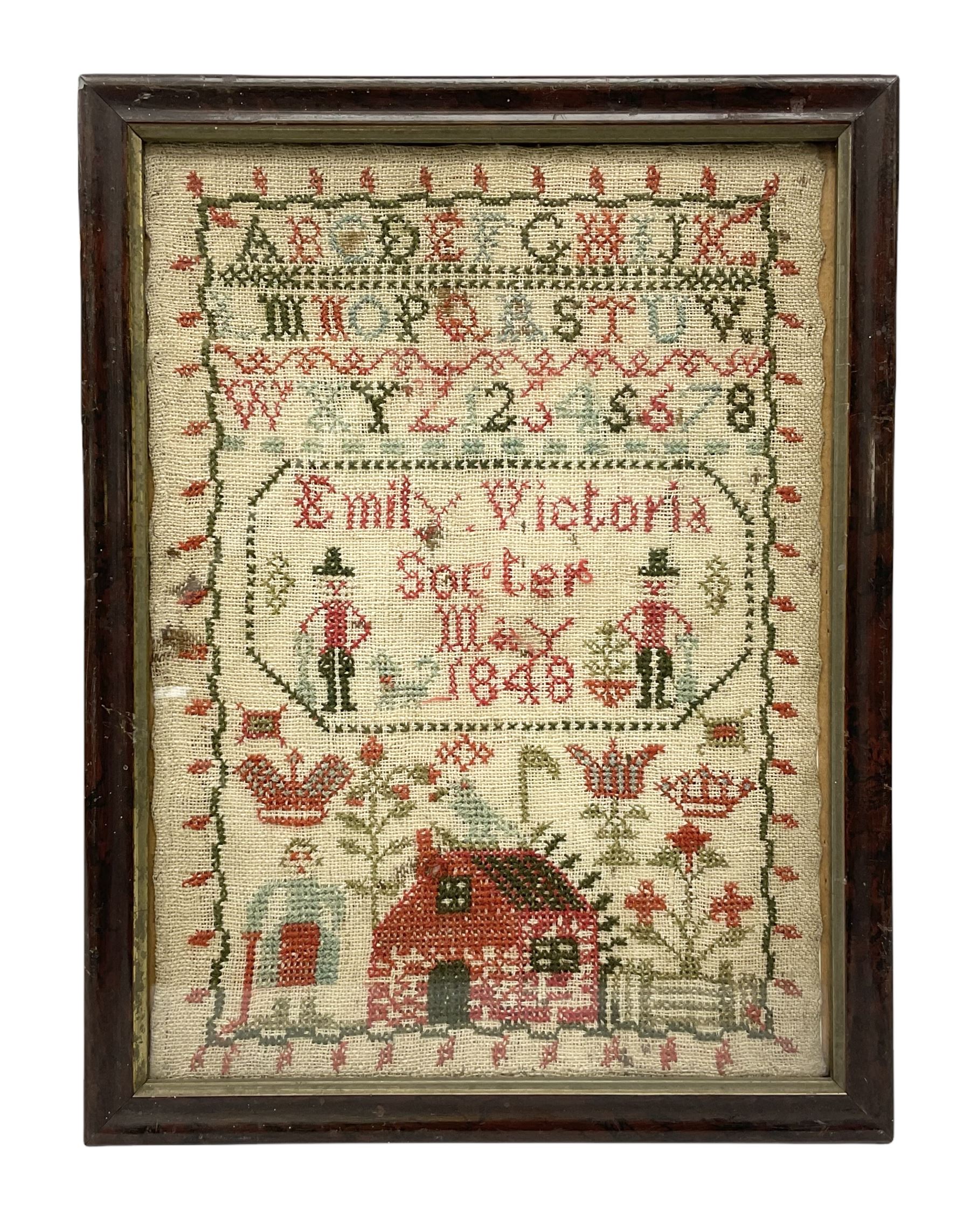 Victorian sampler by Emily Victoria, dated May 1848, worked with the