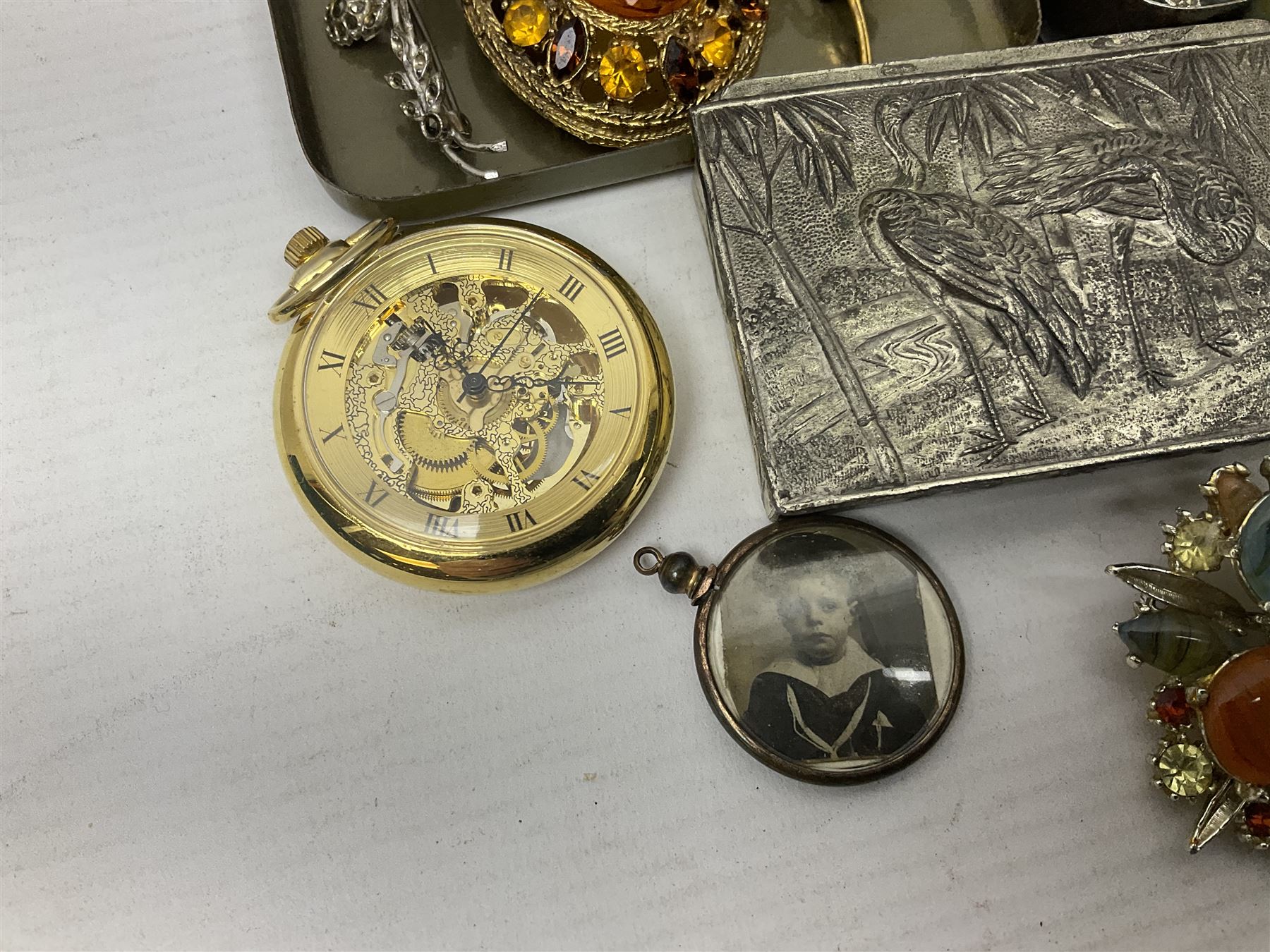 Silver jewellery, including ingot pendant, cameo ring and earrings and bracelet, together with a collection of costume brooches and necklaces, and two pocket watches