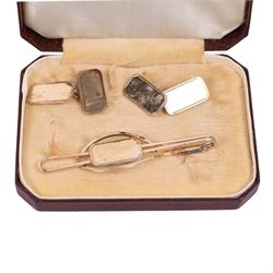 Mid 20th century silver powder compact, of circular form with engine turned decoration and engraved initials to interior, hallmarked, together with a pair of silver cufflinks, gold on silver cufflinks and tie clip, 15ct gold stick pin set with rose cut diamond, mirror D6.5cm