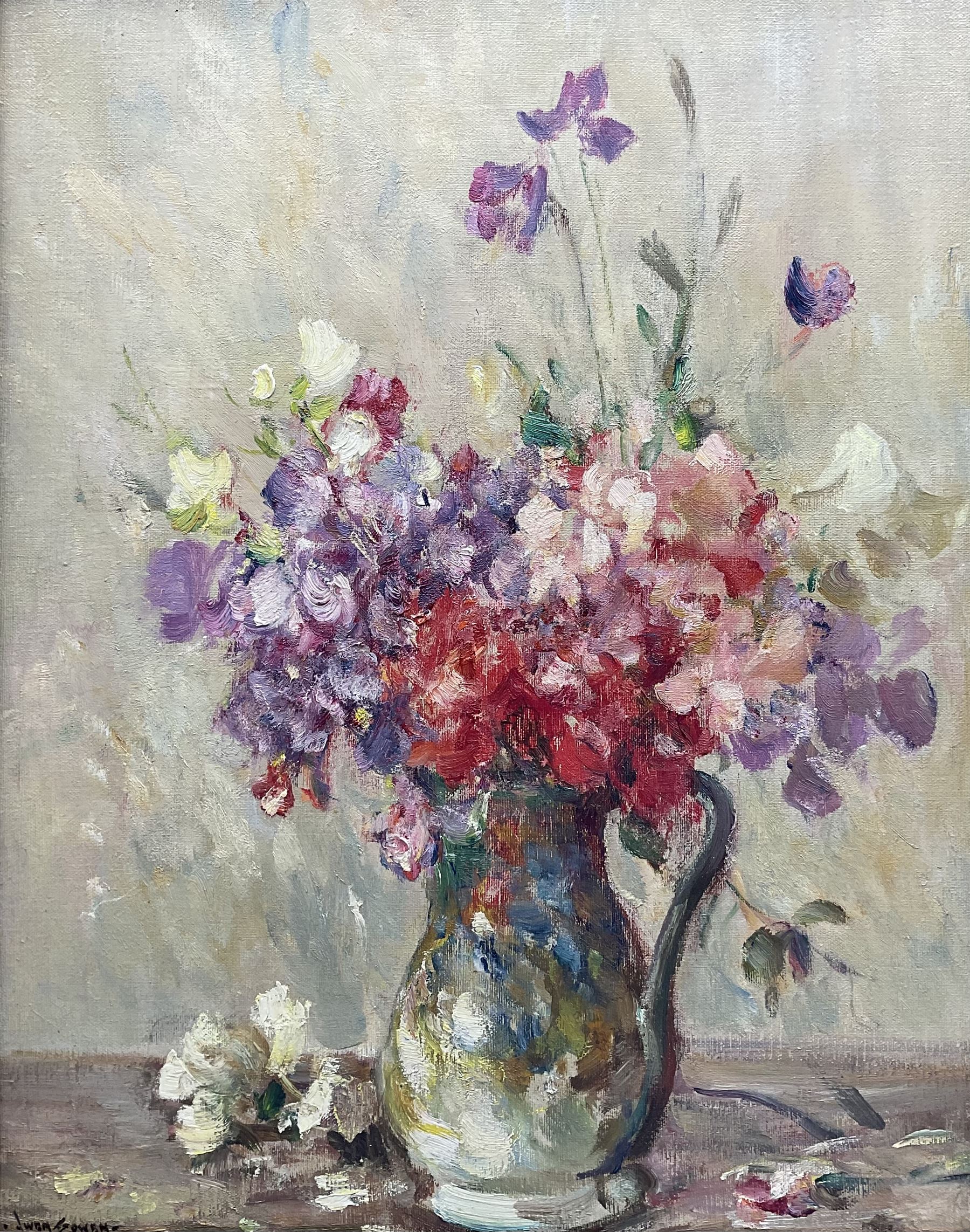 Owen Bowen (Staithes Group 1873-1967): Still Life of a Spring Bouquet, oil on canvas signed, part Royal Institute of Oil Painters label and James Bourlet label verso, 47.5cm x 37.5cm 
