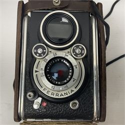 Franke & Heidecke Rolleicord twin lens camera, serial number 012706 with Heidoscop-Anastigmat f=7.5cm' lens and a 'Carl Zeiss Jena Triotar 1:4.5 f=7.5cm' lens, serial no 1474898, together with three similar cameras, including SEM TLR, serial no 420218, Ising Pucky box and Ferrania Elioflex, three in leather carry cases