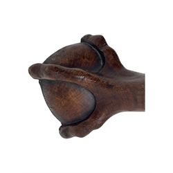 Late 19th century oak display cabinet, rectangular form with a pair of glazed doors enclosing shelves, raised on cabriole supports with carved detailing ending in claw feet