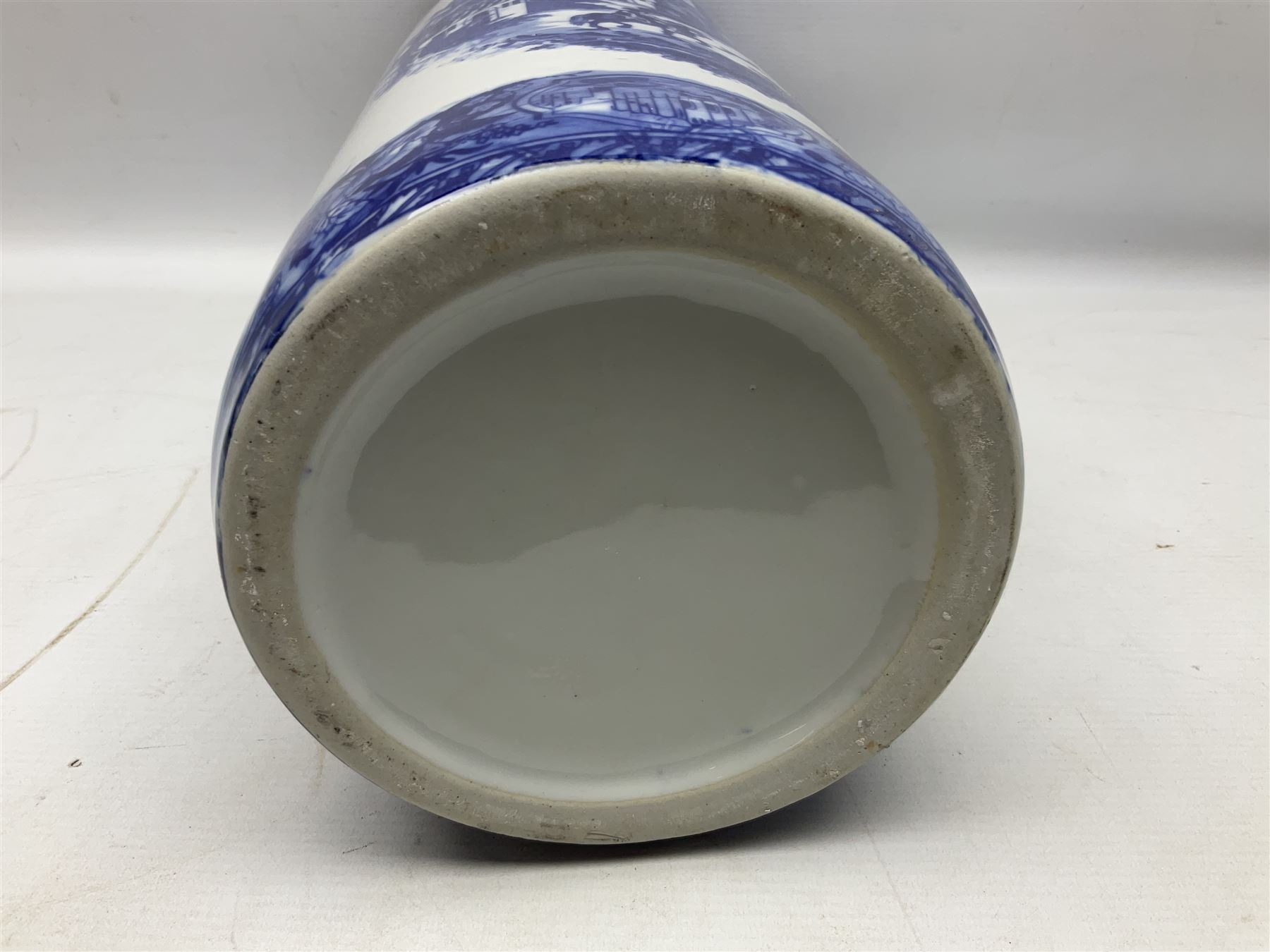 Victoria Ware blue and white umbrella stand, decorated with transfer print decorated with city scape, H43cm