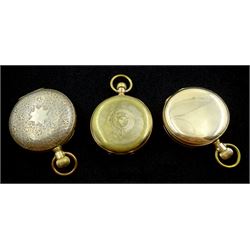 Three American gold-plated pockets including full hunter keyless Traveller pocket watch by Waltham, No. 14690196, full hunter by The New Haven, No. 1180019 and an open face by Elgin, all white enamel dials with Roman numerals