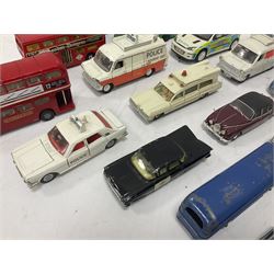 Corgi/Dinky - twenty-four unboxed and playworn die-cast models, predominantly emergency vehicles and buses; including Autocar Isobloc, Superior Criterion Ambulance, Ford Transit Police Vans, Chevrolet Impalas, Minissima, Ausin Mini Police van etc (24)