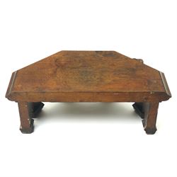 Mouseman - circa 1930s oak wedge shaped six sided plinth, of gothic design with carved berries and columnar supports, with carved mouse signature, by Robert Thompson of Kilburn