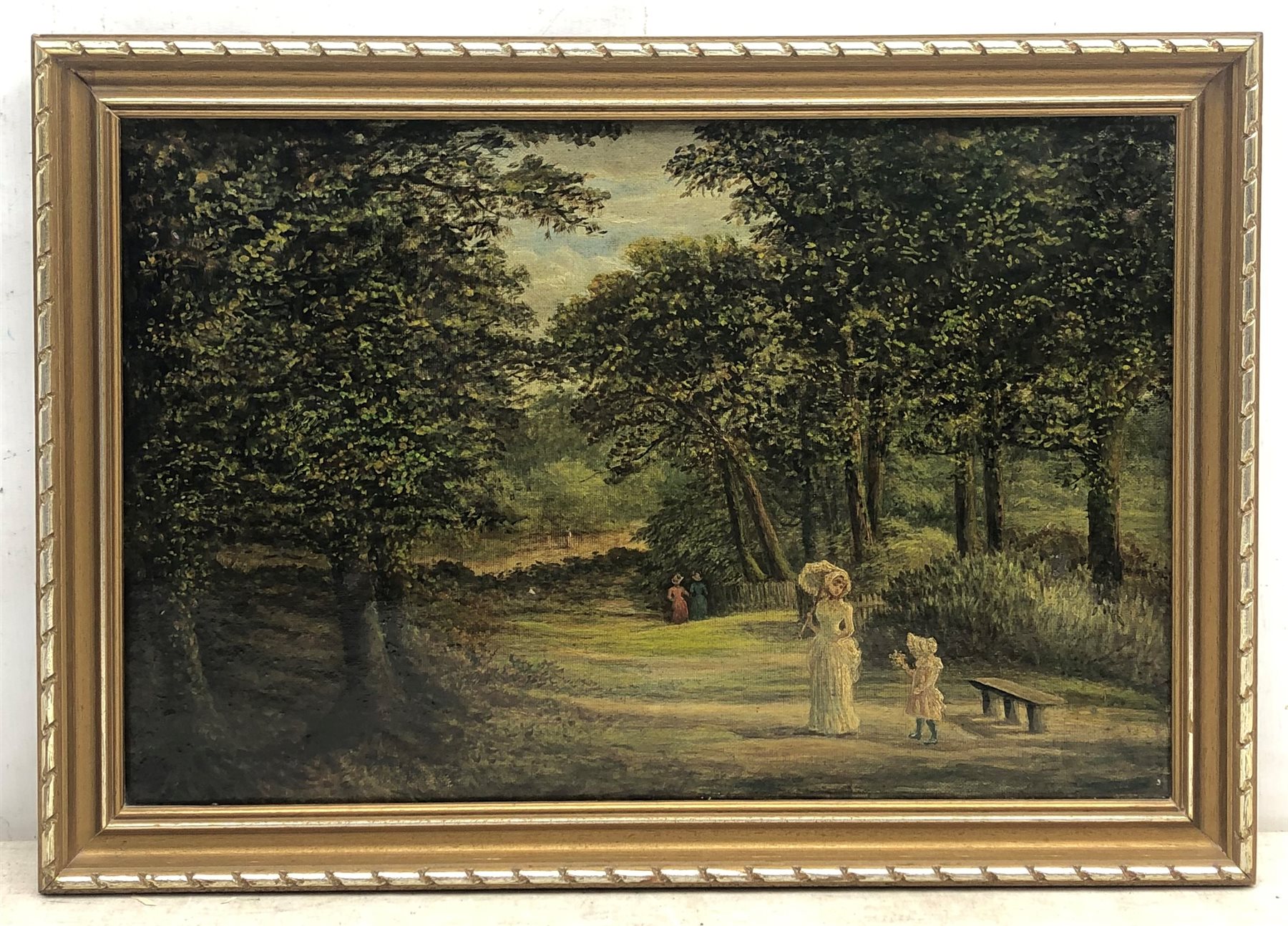 English School (19th century): Parkland Landscape with Figures, oil on canvas unsigned 29cm x 44cm 